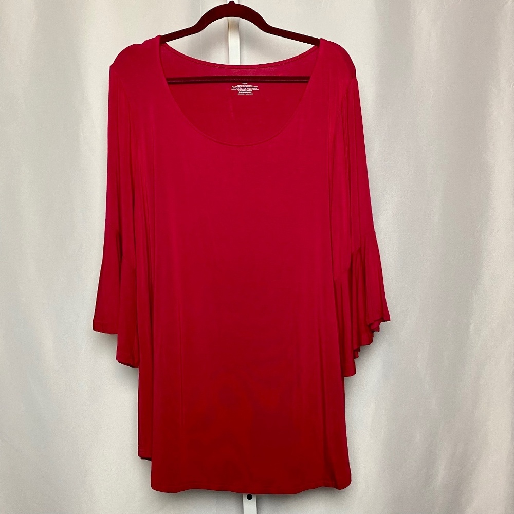 Lane Bryant Womenʻs Plus Size Dark Pink 3/4 Bell Sleeve Scoop Neck Blouse 14/16